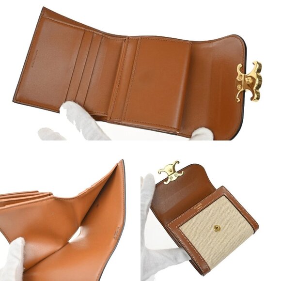CELINE Triomphe Small Trifold Wallet Purse Canvas Leather Brown BE GHW 87RL411 - Picture 9 of 12